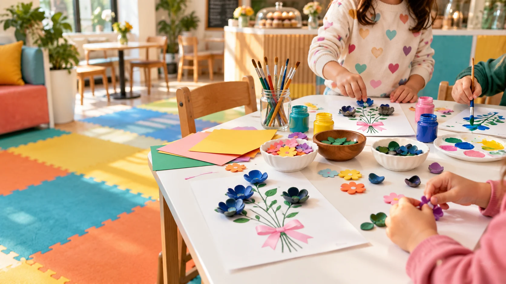Renkli bir atölye masasında sanat etkinliği yapan çocukların elleri